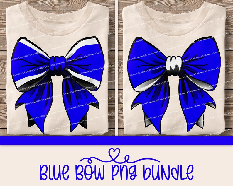 May include: Two white t-shirts with a blue bow design. The bow is a large, stylized bow with white stripes and a blue center. The bow is centered on the t-shirt and is the only design on the shirt.