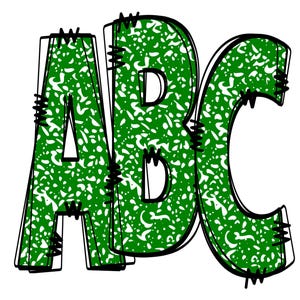 Livro de Composição Verde Rabisco Alfabeto PNG ABC Maiúsculas Minúsculas Números Letras Desenhadas à Mão Escola Classe Placa Letras Professor Alpha Pack