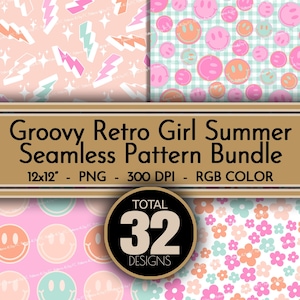Fille rétro groovy été damier PNG Pastel Daisy Lightning Smiley Face Pattern Bundle filles tissu impression par sublimation téléchargement numérique