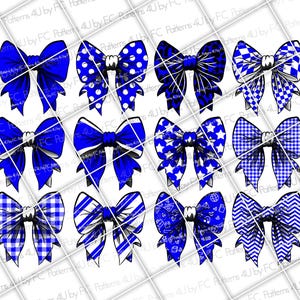 May include: Twelve blue and white bow designs with various patterns, including polka dots, stars, checkered, and stripes.