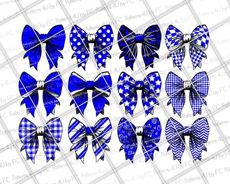 May include: Twelve blue and white bow designs with various patterns, including polka dots, stars, checkered, and stripes.