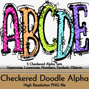 Colorful Checker Alphabet Bundle PNG Bright Color 5 Set, Checkered Letter Alpha Doodle Letters, Instant Download Digital Design Sublimation