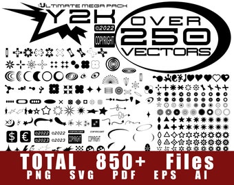 Y2K Aesthetic Vector Icons Bundle, Over 250 Vectors for Graphic Design, Logos, Clothing, Svg, Ai, Eps, Pdf, Png, 80s, back to 90s, 2000s