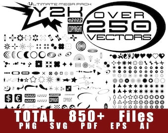 Y2K Aesthetic Vector Icons Bundle, Over 250 Vectors for Graphic Design, Logos, Clothing, Svg, Ai, Eps, Pdf, Png, 80s, back to 90s, 2000s