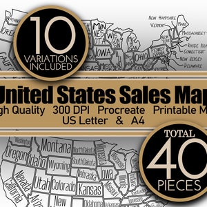 Carte des ventes aux États-Unis, carte des ventes Procreate, carte des ventes imprimable, carte des ventes d'entreprise à colorier, carte des États-Unis, carte de livraison, traqueur de carte des ventes Etsy