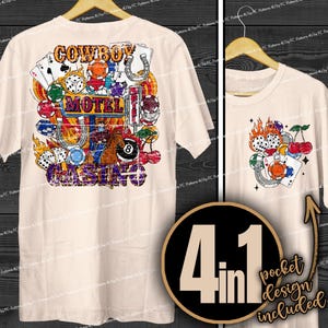 Cowboy Kasino und Hotel Western Collage Trendiges PNG, Acht-Ball-Würfelkarten West Rodeo Retro Edgy Cowgirl Sublimation Digital Design Shirt DTF