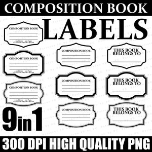 Composition Book Label, Goodnotes Labels, Journal Pattern, Planner Designs, School Notebook Digital Paper, PNG, Composition Notebook Label