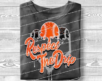 May include: A gray t-shirt with a graphic design of three baseballs dripping with orange and black paint. The text "Respect The Drip" is written in orange and black letters.