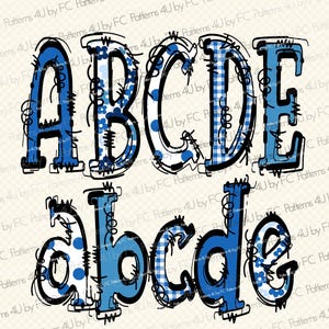 Blue Doodle Alphabet PNG Bundle: Preppy Letters, Numbers, Bows (Digital Download