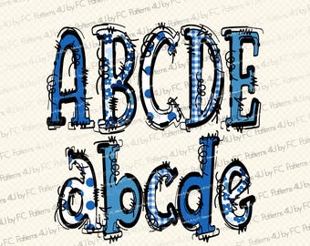 Blue Doodle Alphabet PNG Bundle: Preppy Letters, Numbers, Bows (Digital Download