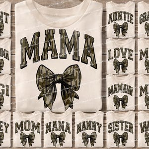 Paquete universitario de camuflaje de Bottomland, mamá, tía, abuela, mamá, mimi, camuflaje antiguo, lazo PNG, diseño de camiseta de sublimación con lazo coqueto de la vieja escuela