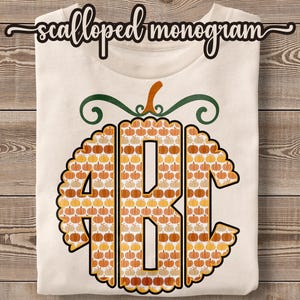 Monograma de calabaza, monograma alfa con iniciales circulares y borde festoneado, alfabeto festoneado, monograma de Halloween, conjunto de alfabeto de otoño