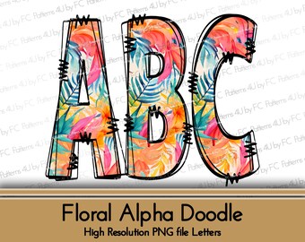 Tropical Floral Doodle Alphabet PNG Set: Numbers, Symbols (Digital Design)