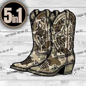 Bottes de cow-girl camouflage tactiques Desert Tan PNG Danse en ligne Southern Vibes entraînement chasse Bottes de cow-boy camouflage tendance Sublimation DTF DTG