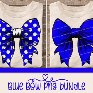 May include: Two digital images of blue bows. One bow is solid blue and the other is blue with white polka dots. Both bows are on a white background.