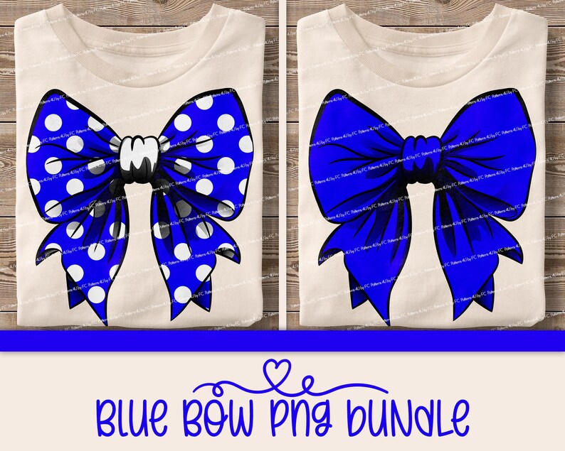 May include: Two digital images of blue bows. One bow is solid blue and the other is blue with white polka dots. Both bows are on a white background.