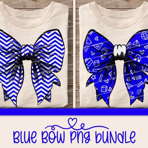 May include: Two blue bow designs on a white background. One bow has a chevron pattern and the other has a school supply pattern.  Blue bow PNG bundle.