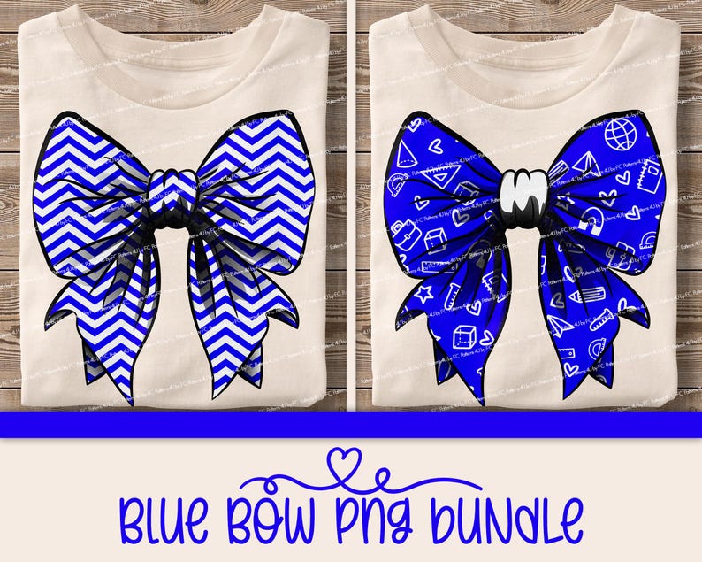 May include: Two blue bow designs on a white background. One bow has a chevron pattern and the other has a school supply pattern.  Blue bow PNG bundle.