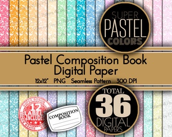 Pastel Composition Book Cover Digital Paper: 36 PNG Files (Digital Download)
