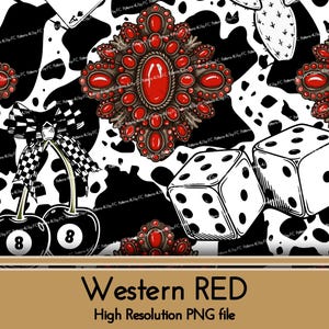 Puede incluir: Un diseño digital con un fondo de estampado de vaca en blanco y negro, adornos de estilo western rojos y marrones, dados, cerezas con el número 8 y el texto "Western RED".