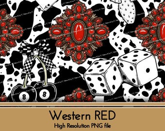 Patrón sin costuras de vaquera del oeste: Disco a cuadros rojo cereza (descarga digital PNG)