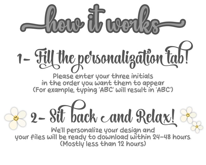 May include: A white background with black text explaining how to personalize a design. The text says "how it works" and includes instructions to "Fill the personalization tab!" and "Sit back and Relax!" The text also explains that the files will be ready to download within 24-48 hours.