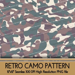 May include: A seamless retro camouflage pattern in shades of brown, beige, and teal. The pattern is 12 inches by 12 inches and has a resolution of 300 DPI.