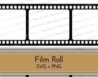 May include: A black and white film strip with two empty frames. The film strip is on a brown background with the text "Film Roll SVG + PNG".