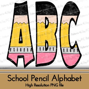 Pencil Alphabet PNG, Hand Drawn Letters Grunge Distressed Uppercase Numbers, Teacher Alpha Pack Digital Doodle Font Back to School Supplies
