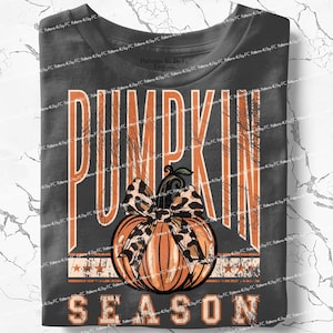 Puede incluir: Camiseta gris oscuro con un gráfico naranja que dice "PUMPKIN SEASON". El diseño presenta una calabaza con un lazo con estampado de leopardo. El texto y la calabaza tienen un aspecto envejecido, perfecto para el otoño.