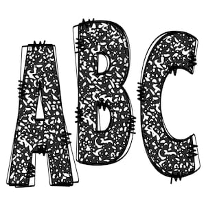 May include: Black and white stylized letters A, B, and C with a textured pattern. The letters are outlined in black and have a distressed look.
