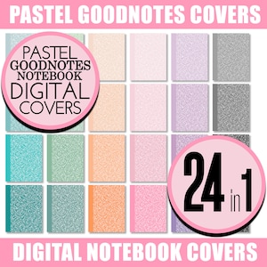 May include: 24 pastel colored digital notebook covers for Goodnotes. The covers feature a variety of subtle patterns and textures.