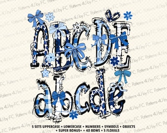 Blue Doodle Alphabet PNG Bundle: Preppy Letters, Numbers, Bows (Digital Download)