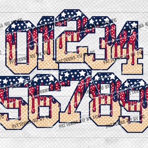 May include: A set of patriotic numbers 0-9, featuring a waffle-like texture with red, white, and blue accents. The numbers have a dripping effect, with a star-spangled design on top. The image includes the text "PATTERNS 4U BY FC".