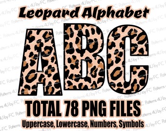 May include: Leopard print alphabet letters A, B, and C in black outlines. The text "Leopard Alphabet" is at the top of the image. The text "TOTAL 78 PNG FILES" is in the middle of the image. The text "Uppercase, Lowercase, Numbers, Symbols" is at the bottom of the image.