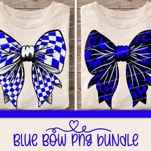 May include: Two digital images of blue bows on a white background. One bow is a checkered pattern and the other is a leopard print.