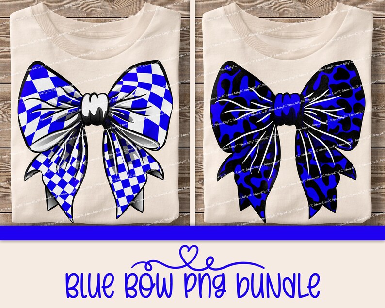 May include: Two digital images of blue bows on a white background. One bow is a checkered pattern and the other is a leopard print.