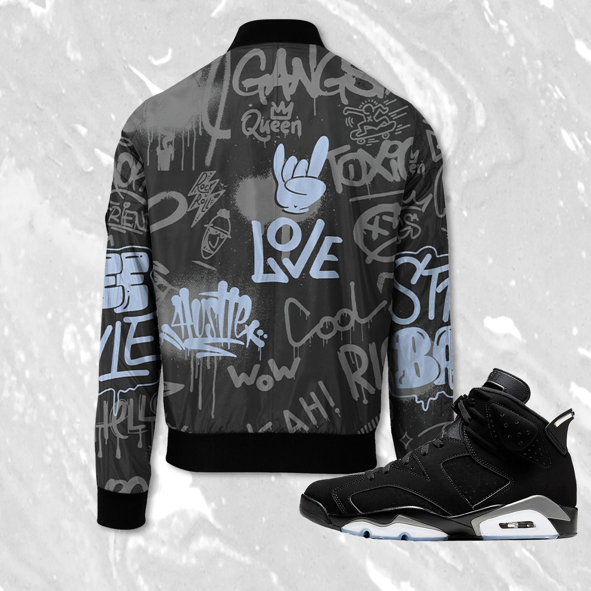 Graffiti King 3D Doodle Style Jacket Match Jordan 6 Black Chrome Metallic Silver