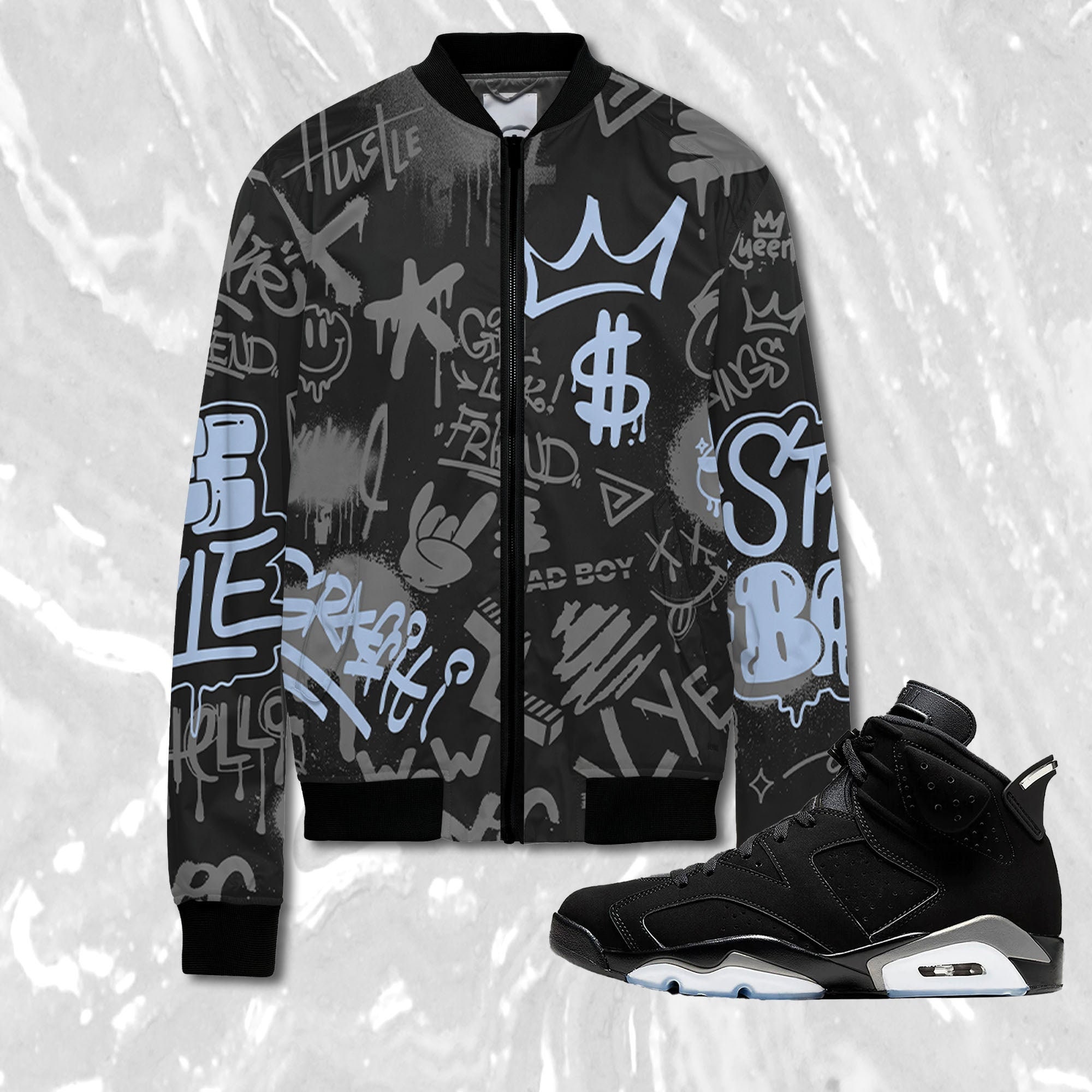Graffiti King 3D Doodle Style Jacket Match Jordan 6 Black Chrome Metallic Silver