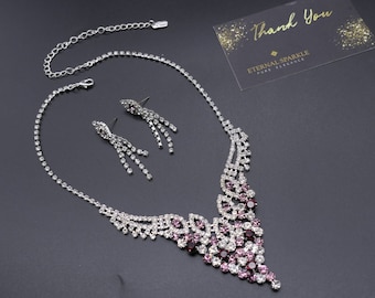 Amethyst Crystal Bridal Jewelry Set, Silver Necklace Earrings