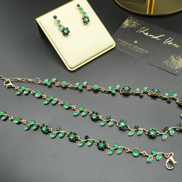 Wedding Bridesmaids Vines Flowers Emerald Green Gold crystal stone necklace earrings bracelet set