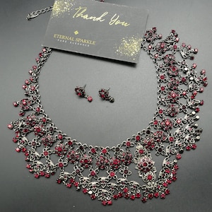 Vintage Victorian style Red Garnet crystals, necklace earrings set, bridal wine burgundy crystals vintage costume Jewelry