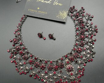 Victorian Red Garnet Crystal Necklace and Earrings Set, Wine Burgundy Costume Jewelry