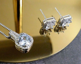 Bridal 925 Sterling Silver Cubic zirconia Necklace earrings set, women's Jewellery set