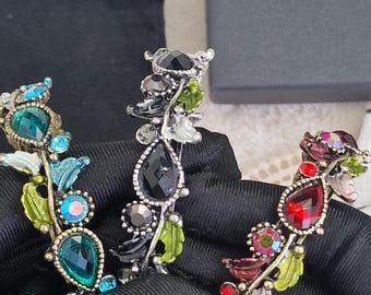 Vintage Victorian antique style crystals gems metal leaf vines cuff bangle