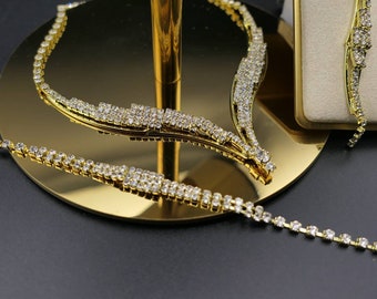 Gold Crystal Bridal Jewelry Set, V-Shape Necklace Earrings Bracelet