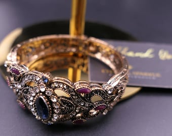 Bracciale rigido con cristalli blu – Bracciale rigido con cerniera in oro antico vintage