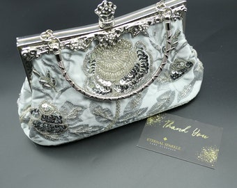 Vintage Inspired Sparkly Silver Satin I Black Clutch Bag | Bridal Bag | Prom I 1920s Great Gatsby I Flapper Fashion I Wedding bag
