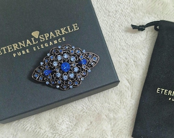 Vintage Style Blue Crystal Brooch, Dark Metal Finish, Bridal Pin