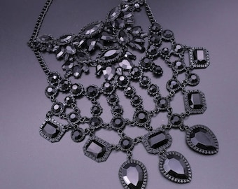 Stylish crystal gems statement bib necklace, Black gems,